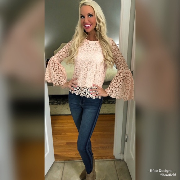 🥰LAST 1! Blush Bell Sleeve Crochet Overlay Top! - Picture 4 of 6